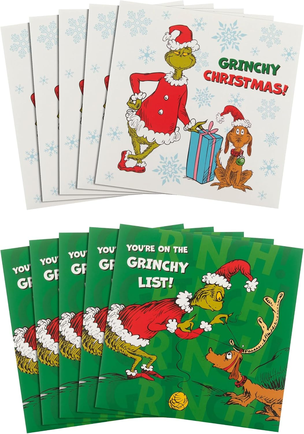 Dr. Seuss The Grinch Pack of 10 in 2 Fun Designs Christmas Cards