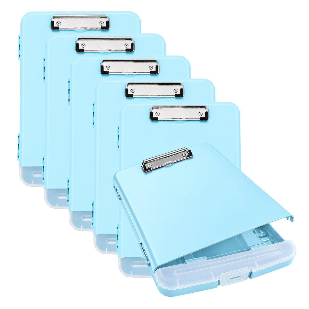 Pack of 6 A4 Light Blue Plastic Clipboard Box Files With Pencil Holder - Storage Filing Case