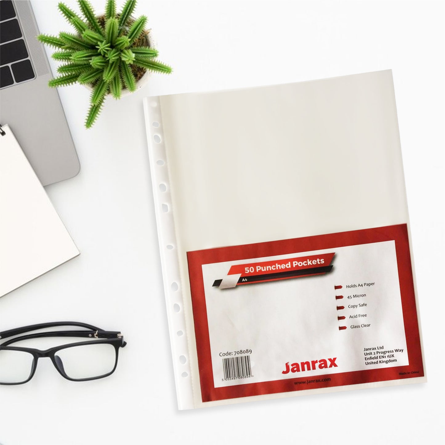 Pack of 250 A4 Glass Clear Punched Pockets by Janrax