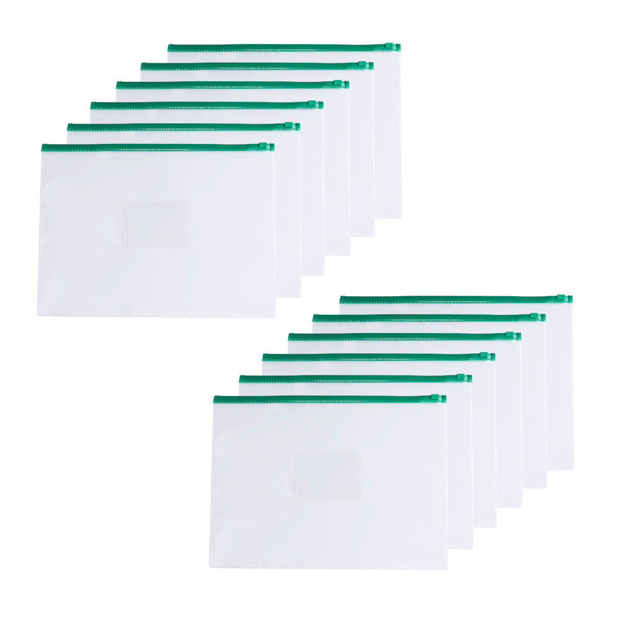 Pack of 12 A3 Clear Zippy Bags with Green Zip