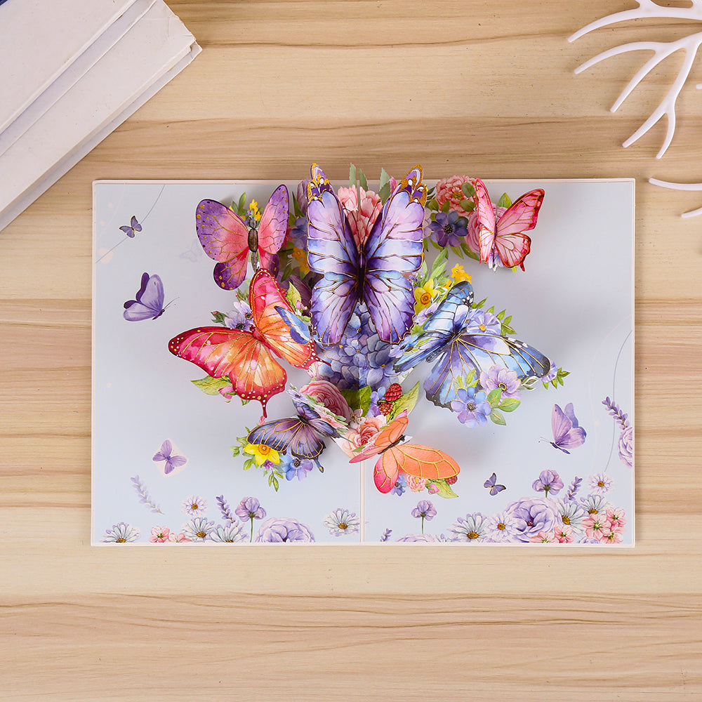 Blue Butterfly and Flowers 3D Pop Up Greeting Card - Birthday Mother Anniversary Valentine's Day