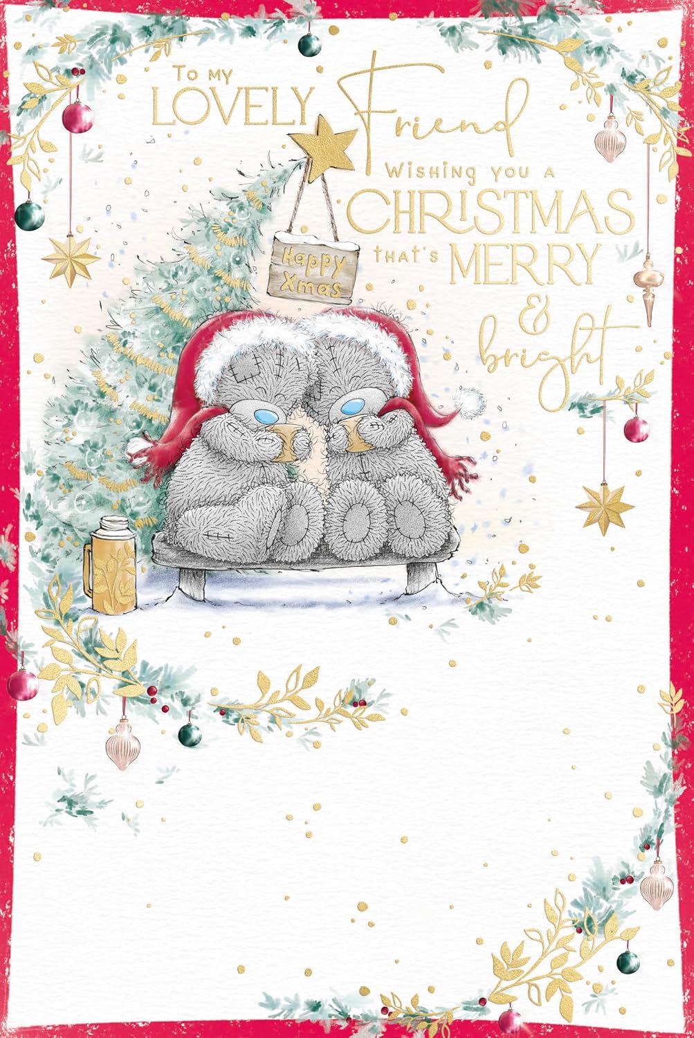 Bears Sat Together Holding Mugs Lovely Friend Christmas Card
