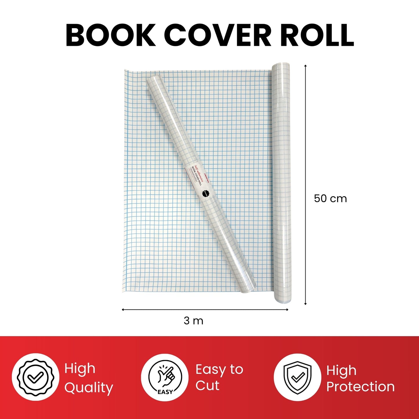 Pack of 12 Janrax 50cm x 3m Clear Glossy CPP 0.06mm Thick Self-Adhesive Book Cover Rolls