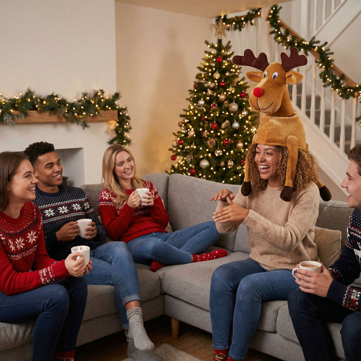 Adult Red-Nosed Reindeer Christmas Hat with Dangling Legs Funny Hat