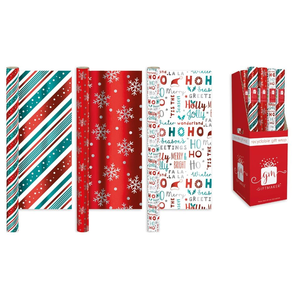 Pack of 3 1.5m Festive Christmas Gift Wrap Rolls