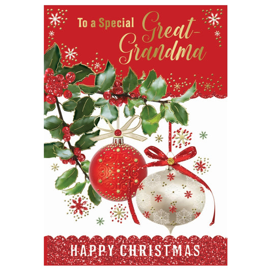 To a Special Great Grandma Decorative Baubles Design Christmas Card