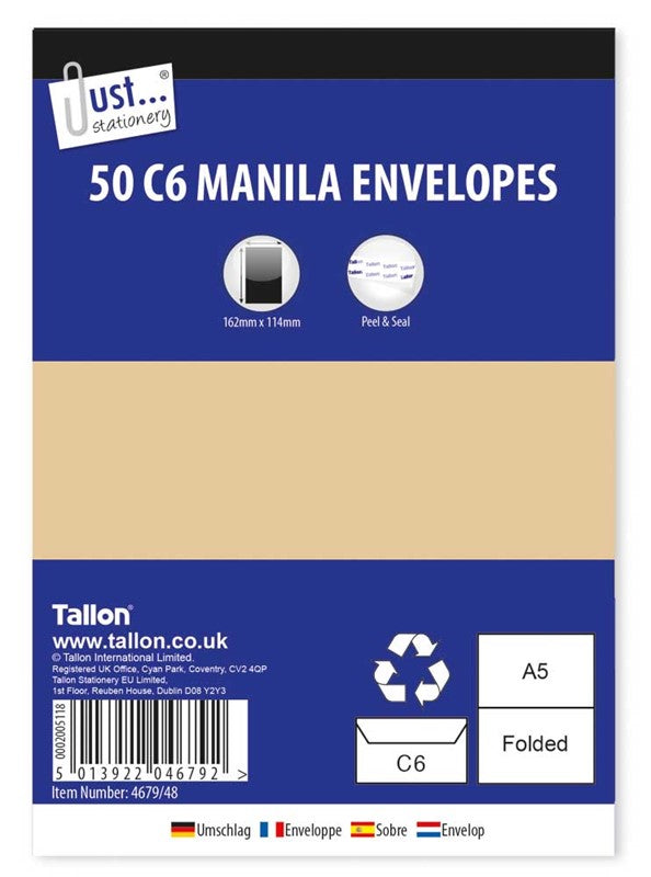 Pack of 50 C6 80gsm Manila Peal & Seal Envelopes