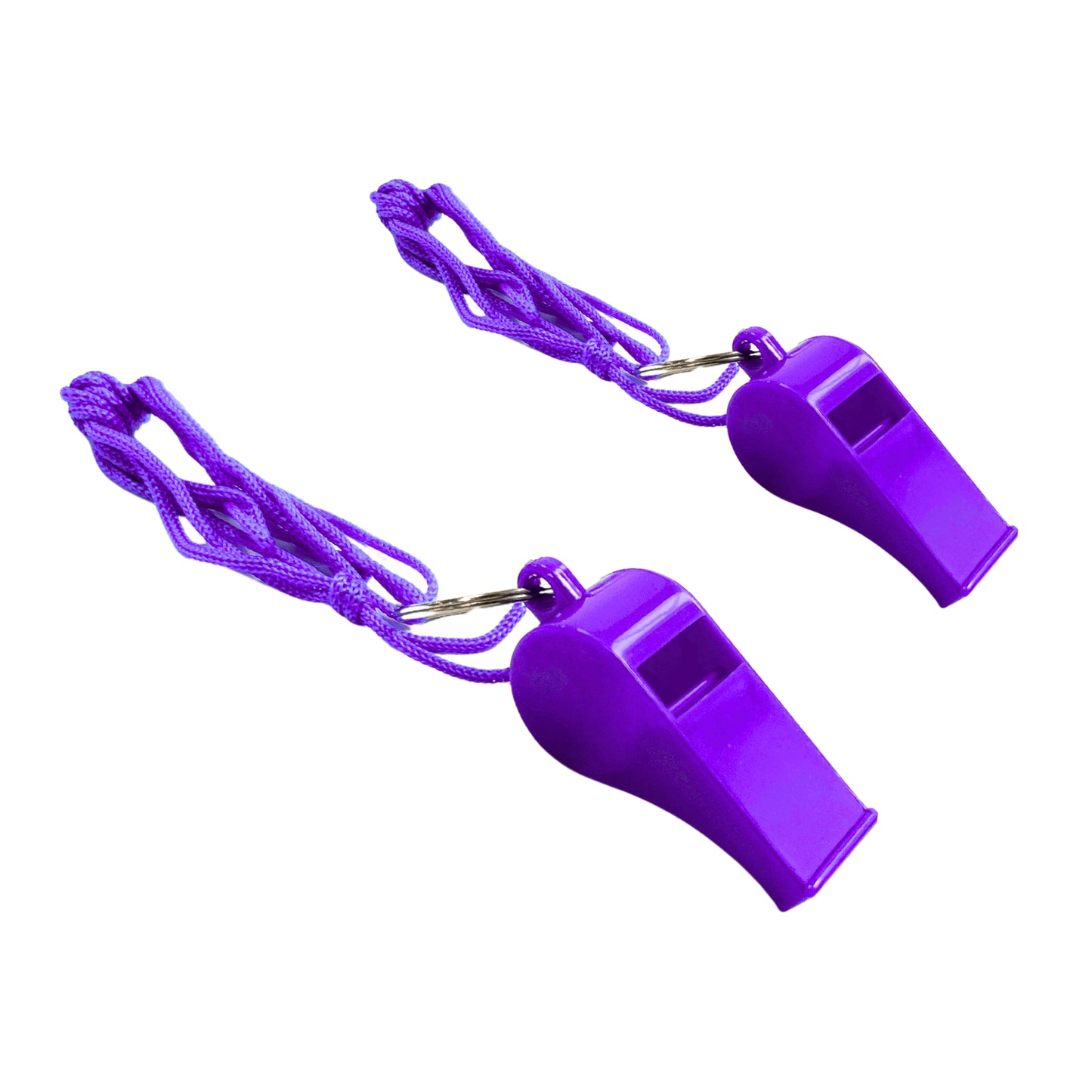 Bag of 100 Purple Plastic Whistles with Lanyard Neck Cord