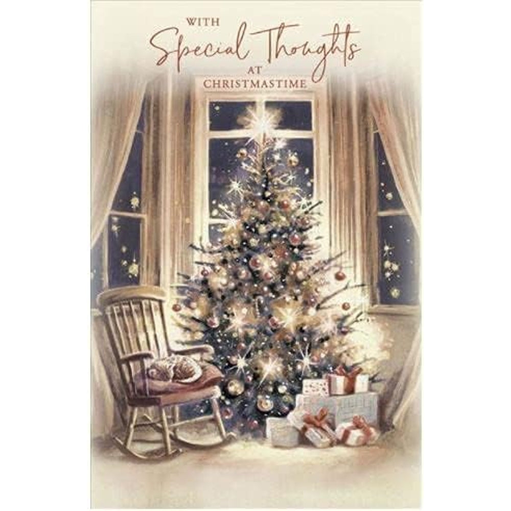 Special Thoughts Christmas Card Tree, Presents and Sleeping Cat Design