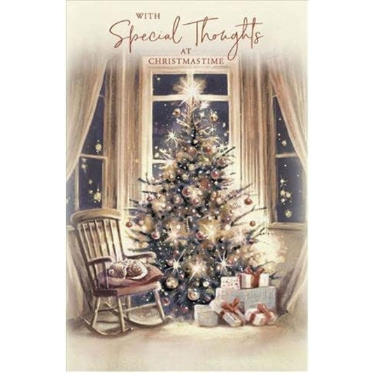 Special Thoughts Christmas Card Tree, Presents and Sleeping Cat Design 