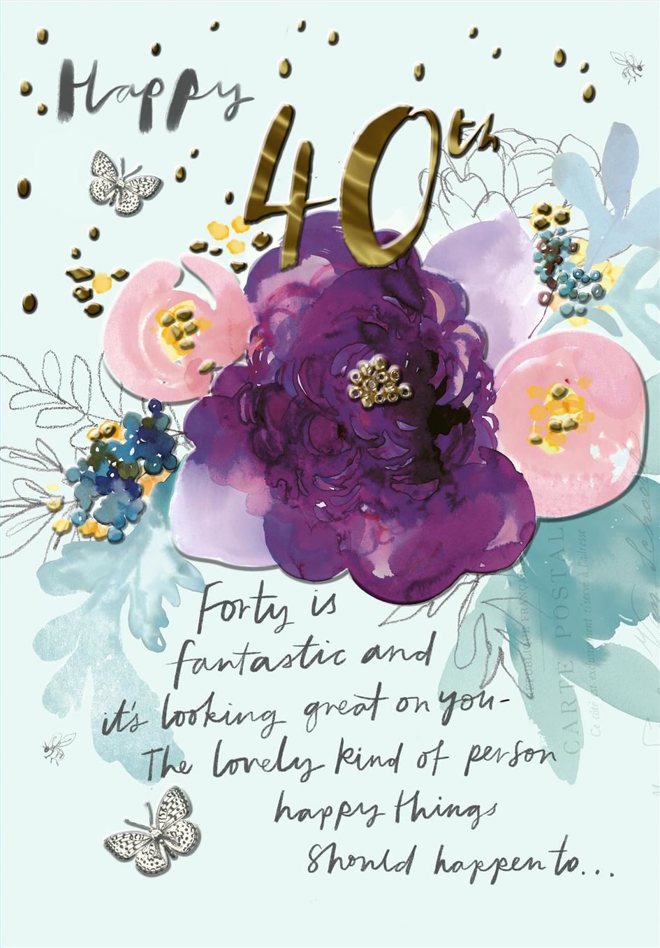 Willow Bouquet Flowers and Butterflies 40th Birthday Card