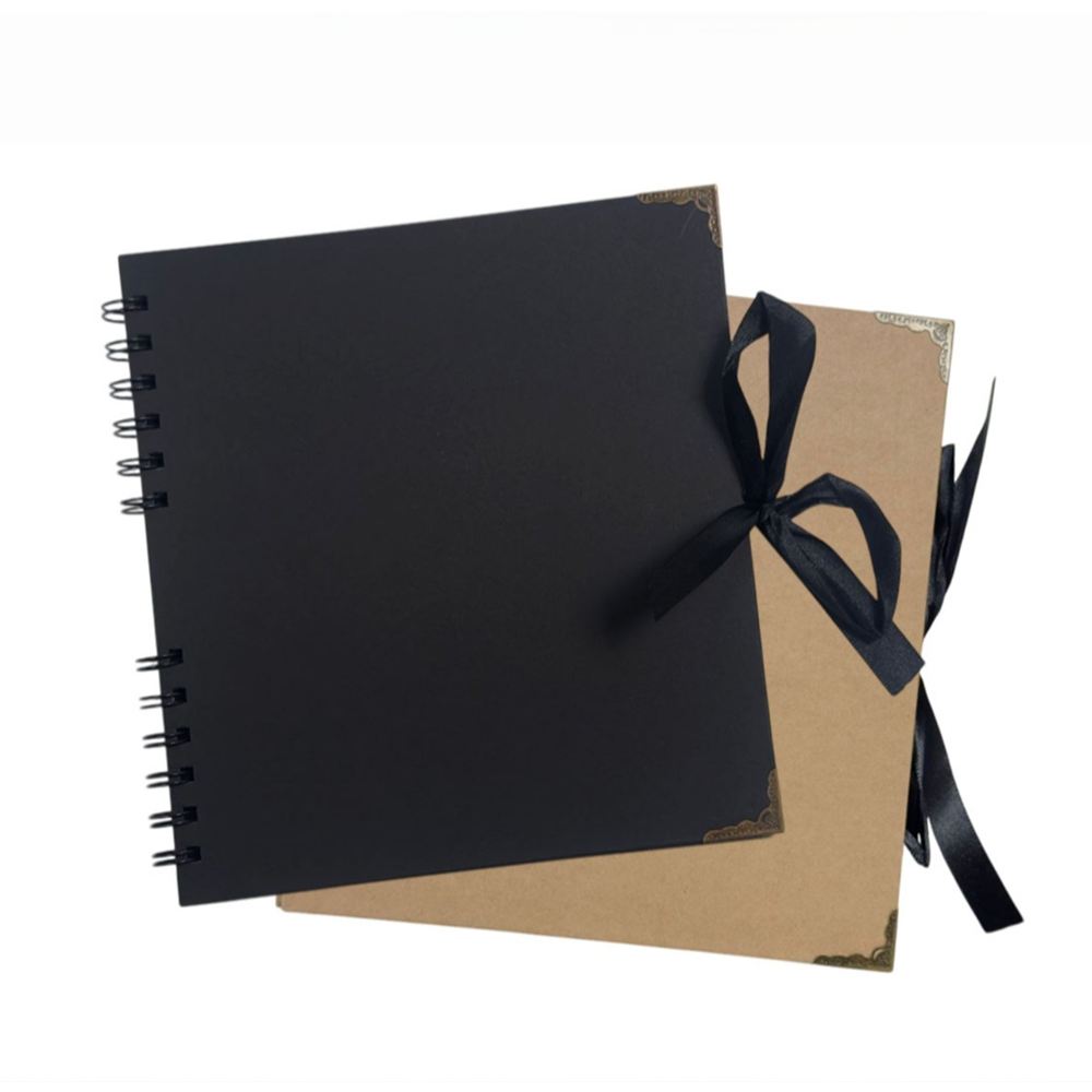 Pack of 2 Spiral Bound 180gsm Kraft & Black Scrapbooks with Ribbon Closure and Metal Corners - 30 Sheets 20x20cm