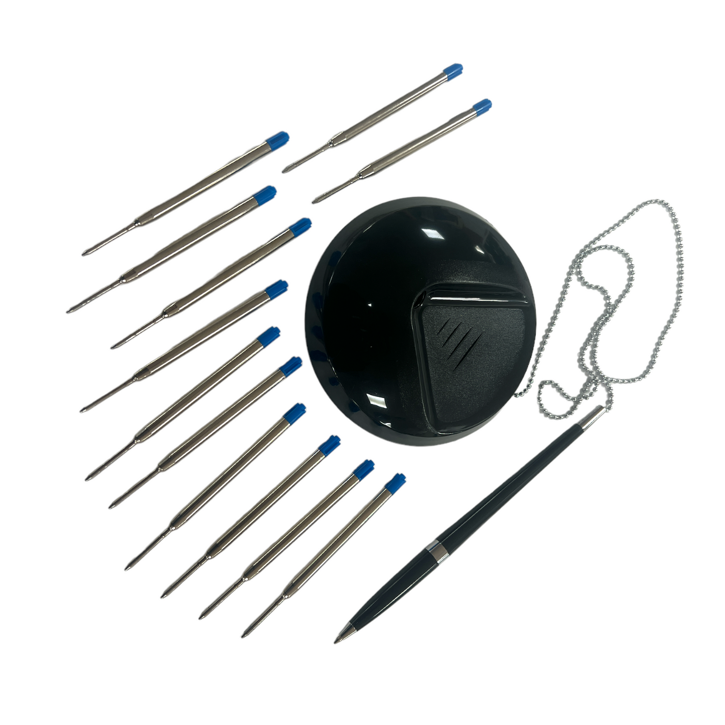 Pack of 4 Black Reception Desk Pens with 12 Blue Medium Point Ballpoint Pen Refills