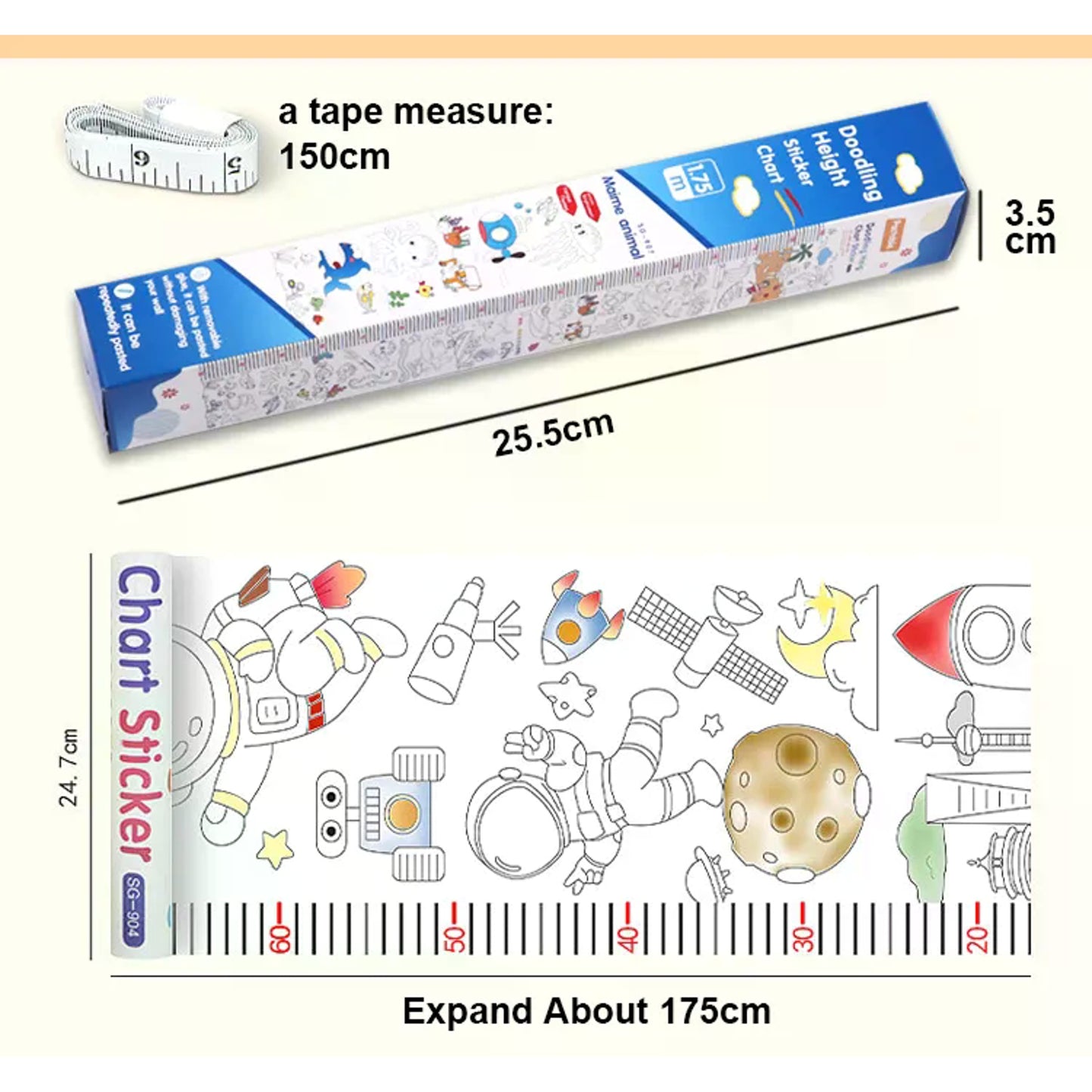 Single Doodling Height Chart Sticker with Removable Glue