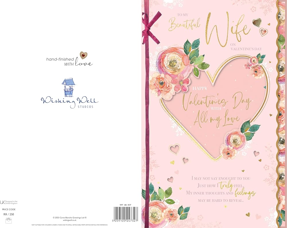 Heart And Flowers Beautiful Wife Luxury Handmade Valentine's Day Card