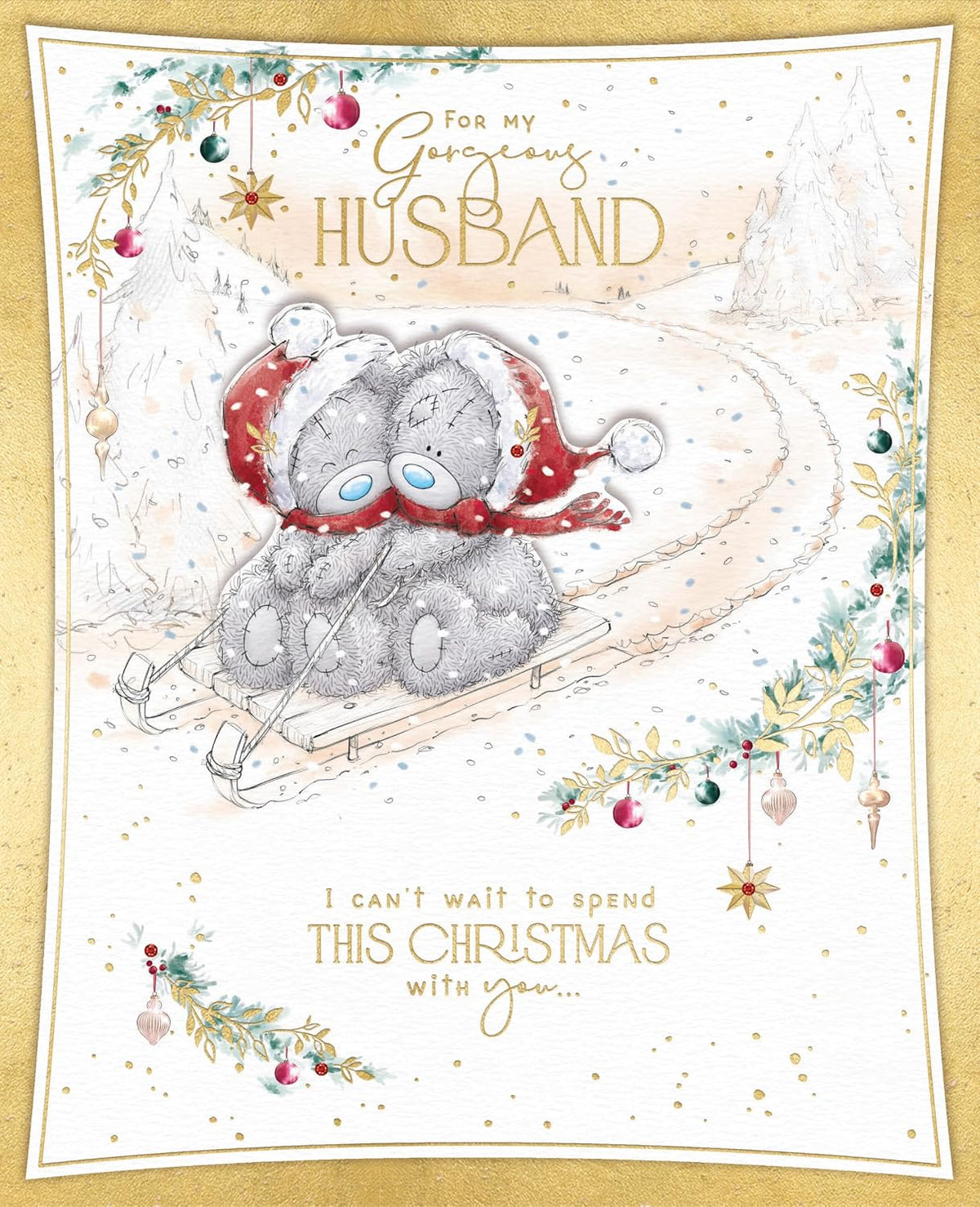 Bears On A Sledge in the Snow Wonderful Husband Boxed Christmas Card