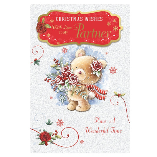 With Love To My Partner Teddy With Bunch of Flowers Design Christmas Card
