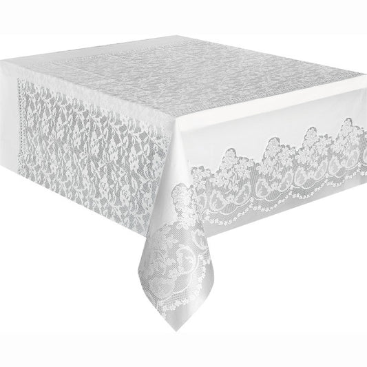 White Lace Rectangular Plastic Table Cover, 54"x108"