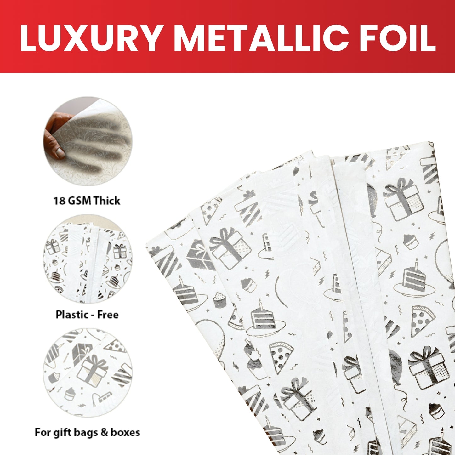 12 x Pack of 10 Birthday Luxury Silver Metallic Plastic-Free 18gsm Tissue Paper Sheets 50x70cm - Patterned Tissue Paper for Xmas, New Year, Party, Wedding, Birthday Packing Present Gift Box DIY Art Crafts