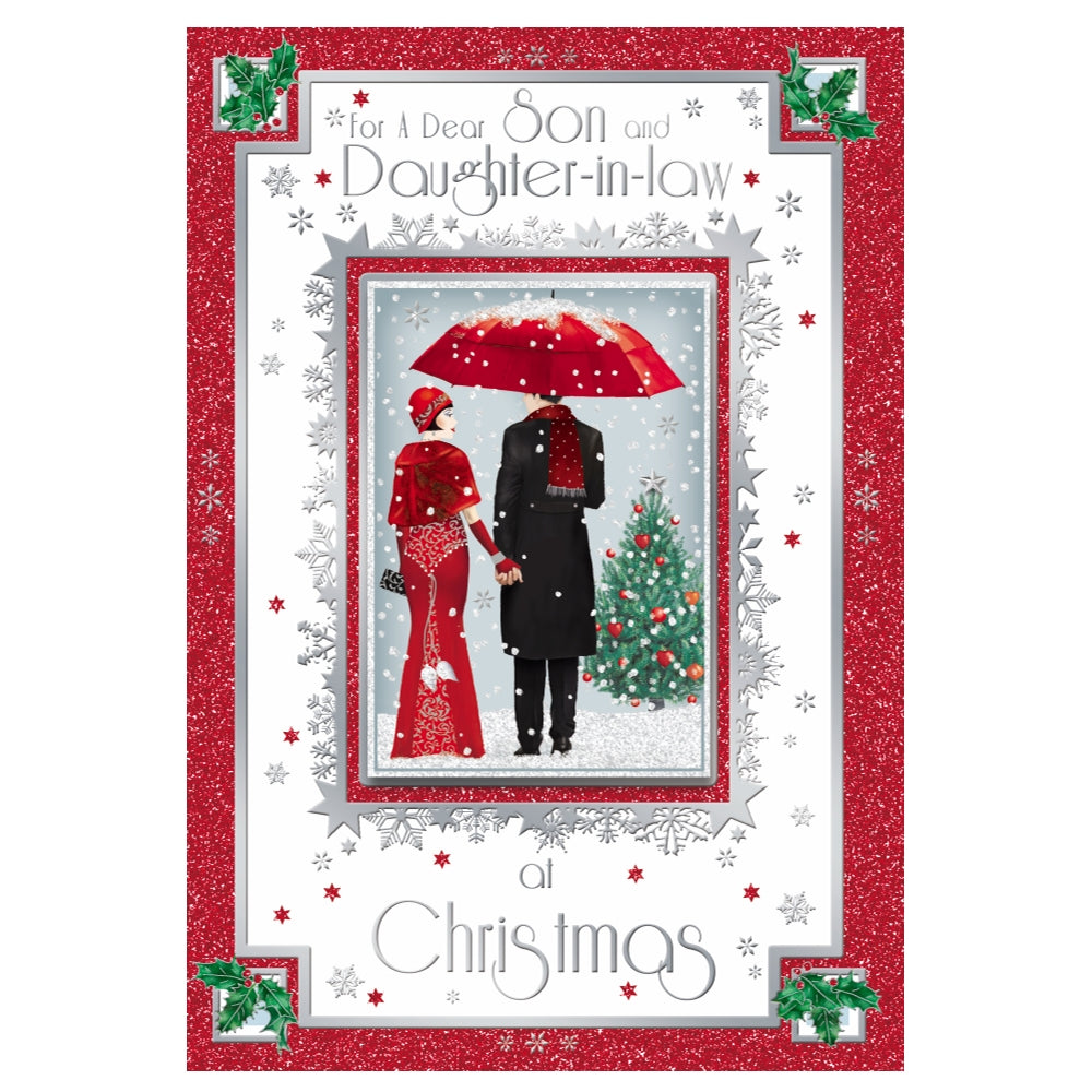 For Son and Daughter In Law Lovely Couple With Snowy Scene Design Christmas Card