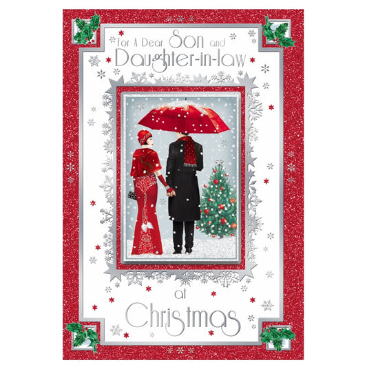 For a Dear Son and Daughter In Law Lovely Couple Under Umbrella Design Christmas Card