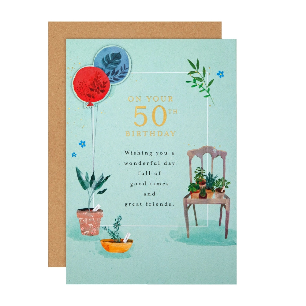 Balloons & Plants Design 50th Birthday Card