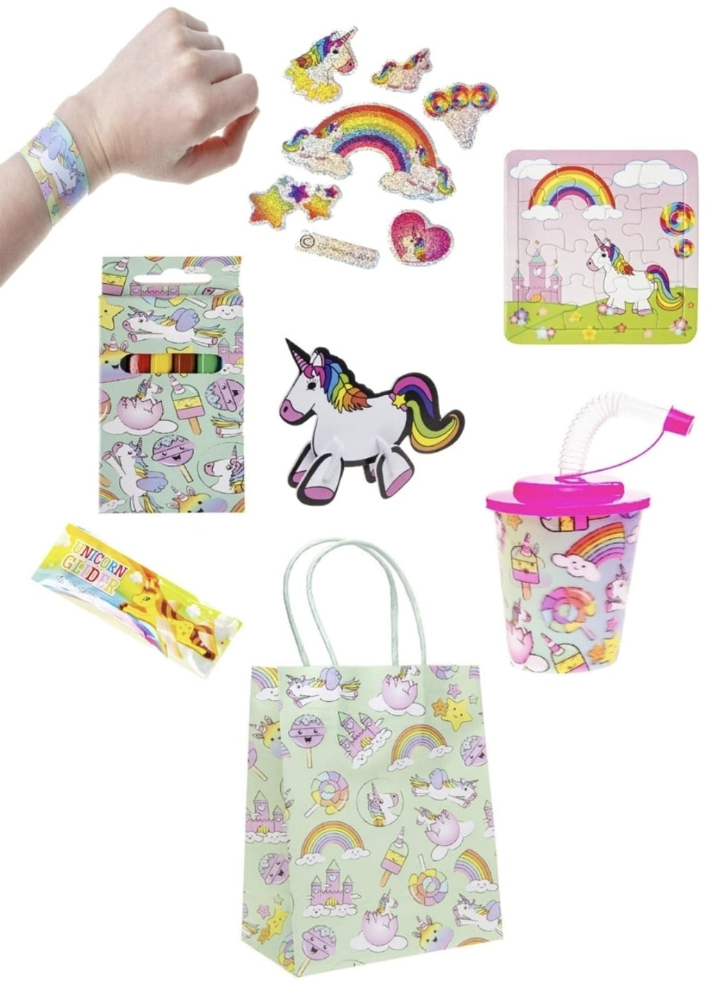 Pack of 20 Pre Filled Unicorn Theme Kids Party Favour Bags – Gift Bags with Reusable Cup & Themed Toys