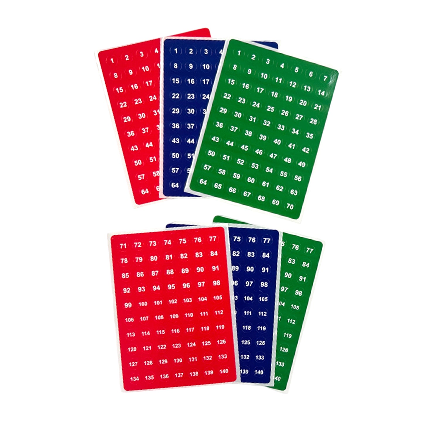 Pack of 420 White on Red/Blue/Green 1-140 Number 8mm Self Adhesive Labels