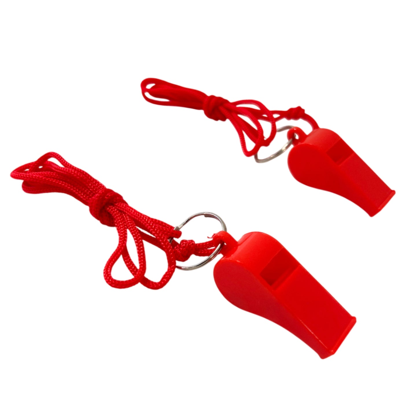 Pack of 50 Red Plastic Whistles with Lanyard Neck Cord