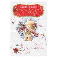 With Love To My Wife Teddy With Bunch of Flowers Design Christmas Card