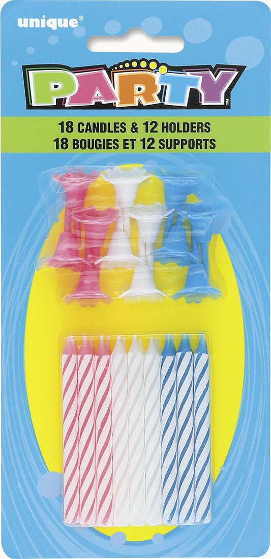 Pack of 18 Assorted Colors Birthday Candles in Holders (12 Holders)