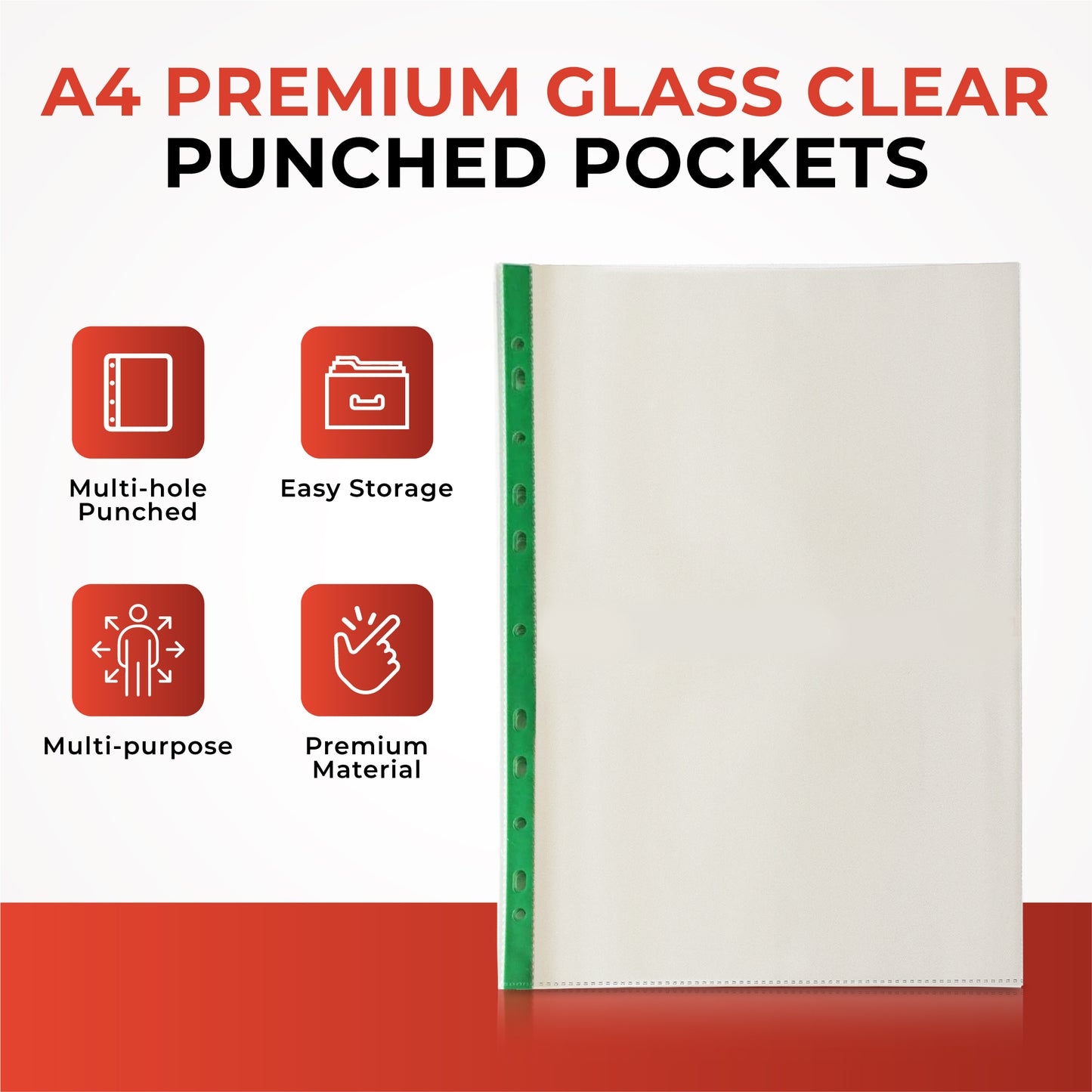 Pack of 100 A4 Premium Glass Clear Punched Pockets (90 Micron)