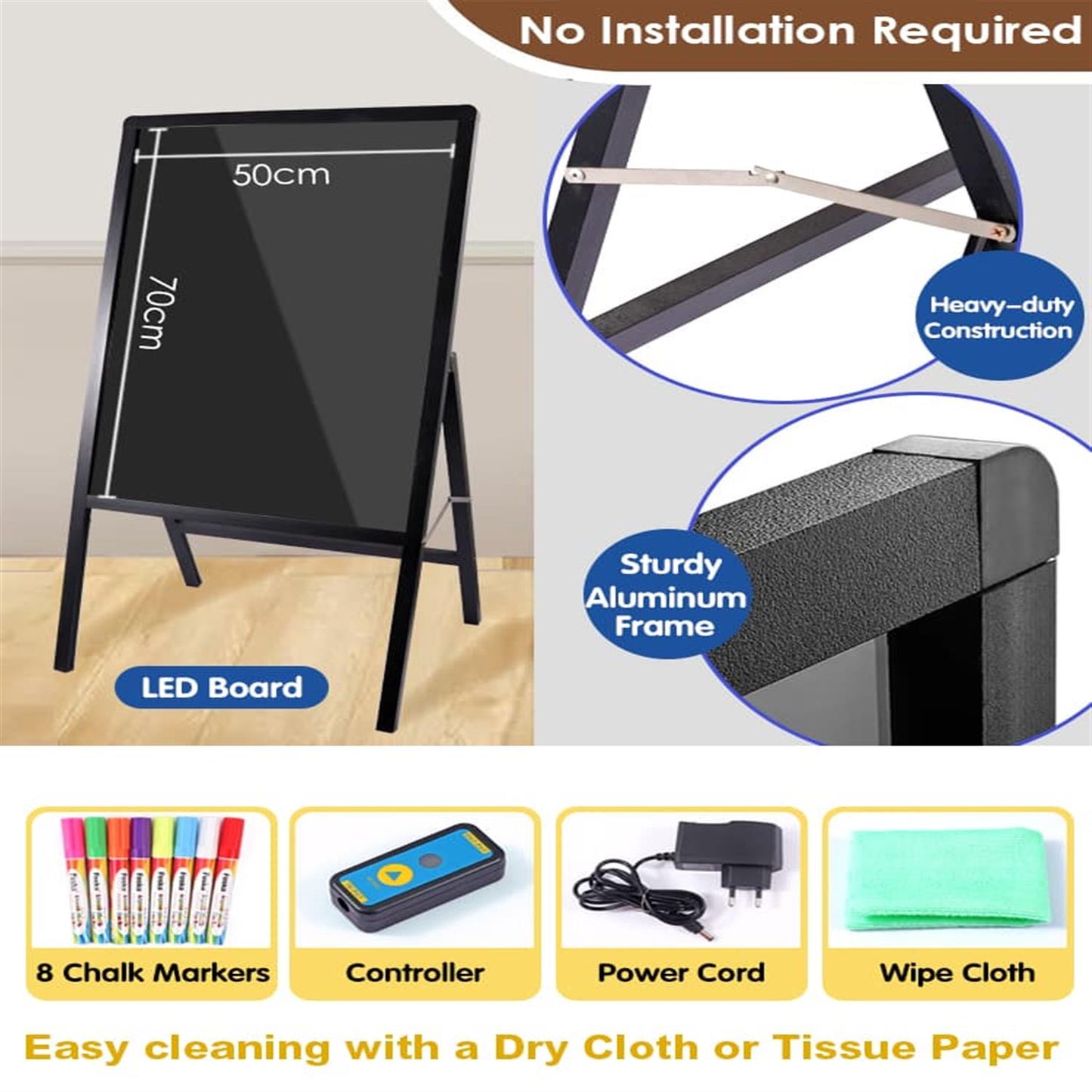 Aluminum Frame LED Writing Board – 70×50 cm Illuminated Display with Tempered Glass Panel