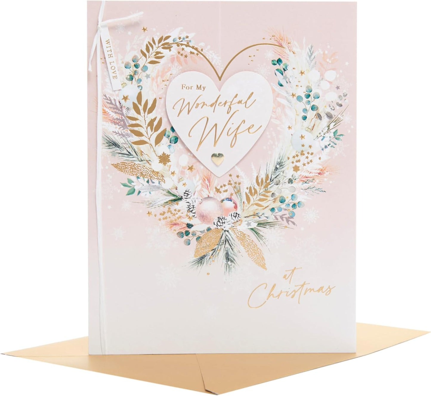 Pink Foliage Heart Wreath Design Wife Christmas Card
