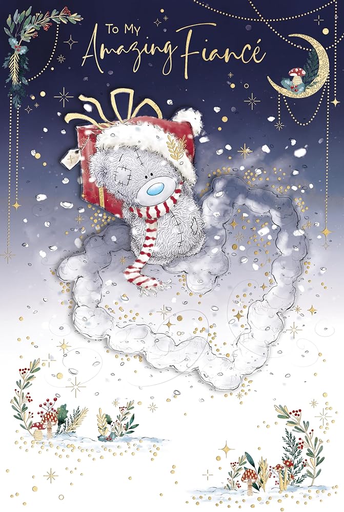 Bear Standing in Heart Of Snow Fiancé Luxury Handmade Christmas Card