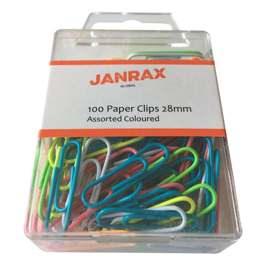 Pack of 100 Assorted Coloured 28mm Paper Clips in Hang Pack