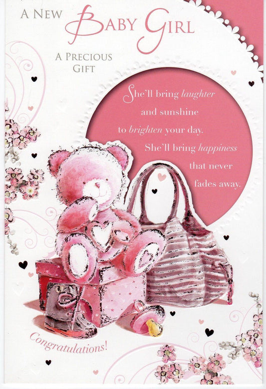 A New Baby Girl Teddy With Toy Design Greeting Card