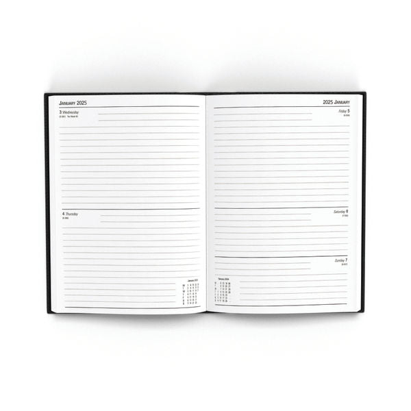 2025 A5 2 Days Per Page Black Desk Diary