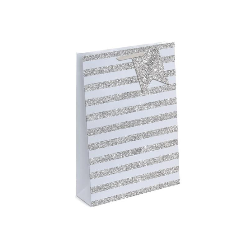 Celebrate Silver Stripe Glitter Design Large Gift Bag