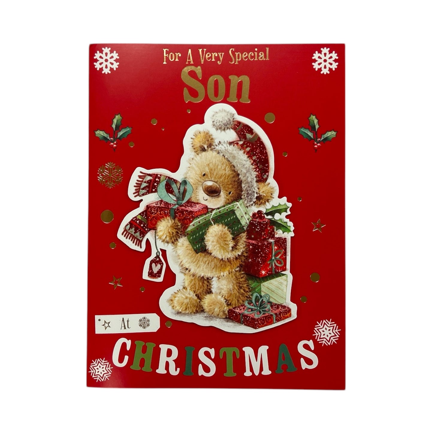 For Special Son Teddy With Gifts Design Red Christmas Card