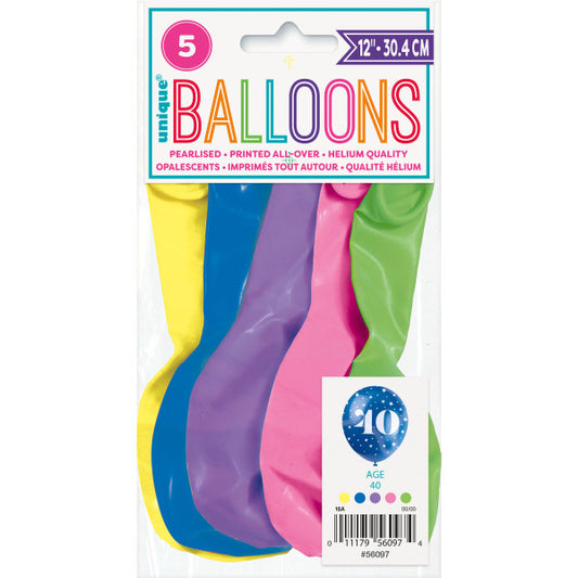 Pack of 5 Number 40 12" Latex Balloons