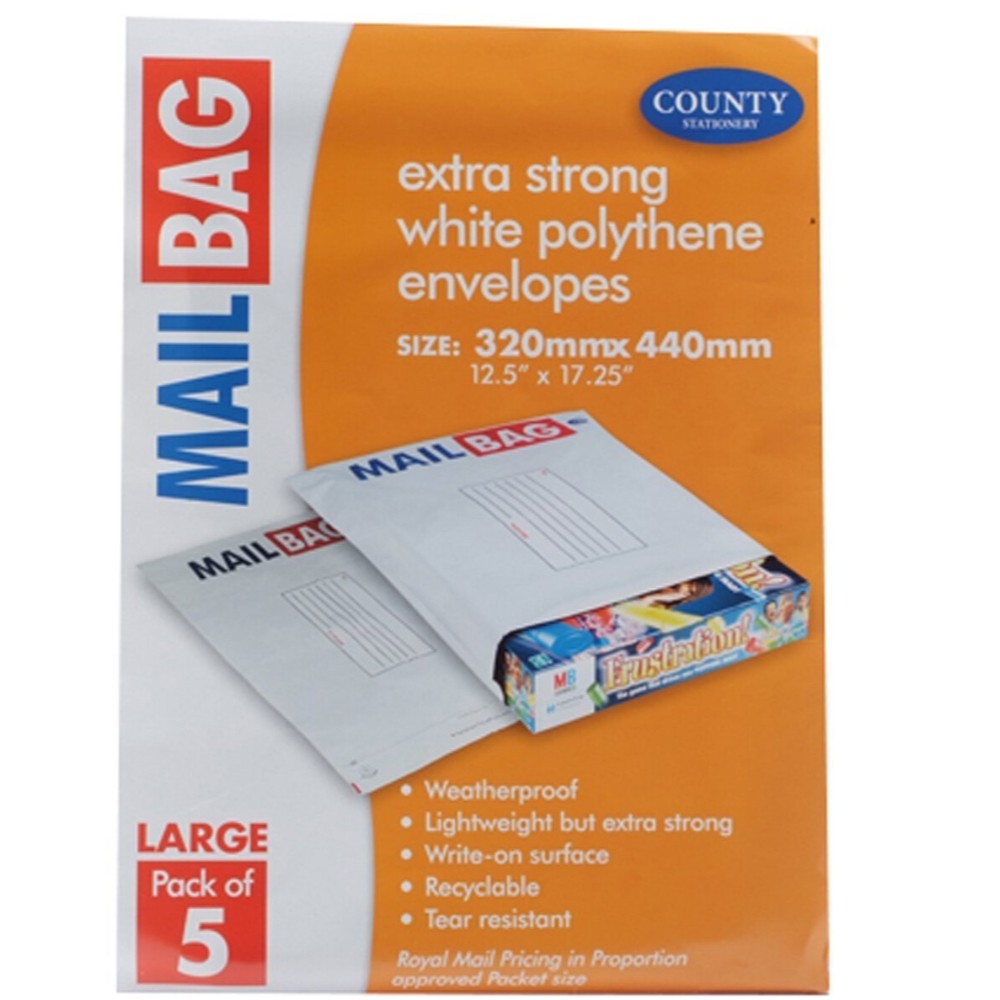 Pack of 5 Large Extra Strong Polythene Mail Bag Envelopes 320 x 440mm