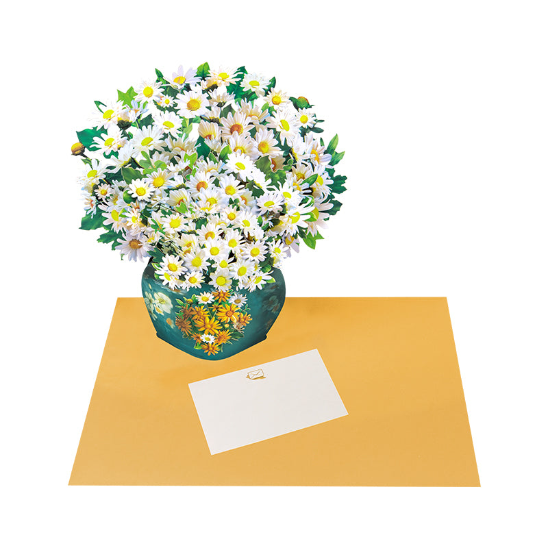 Golden Bloom White Daisy 3D Pop Up Vase Greeting Card - Birthday Anniversary Mother's Valentine's Day
