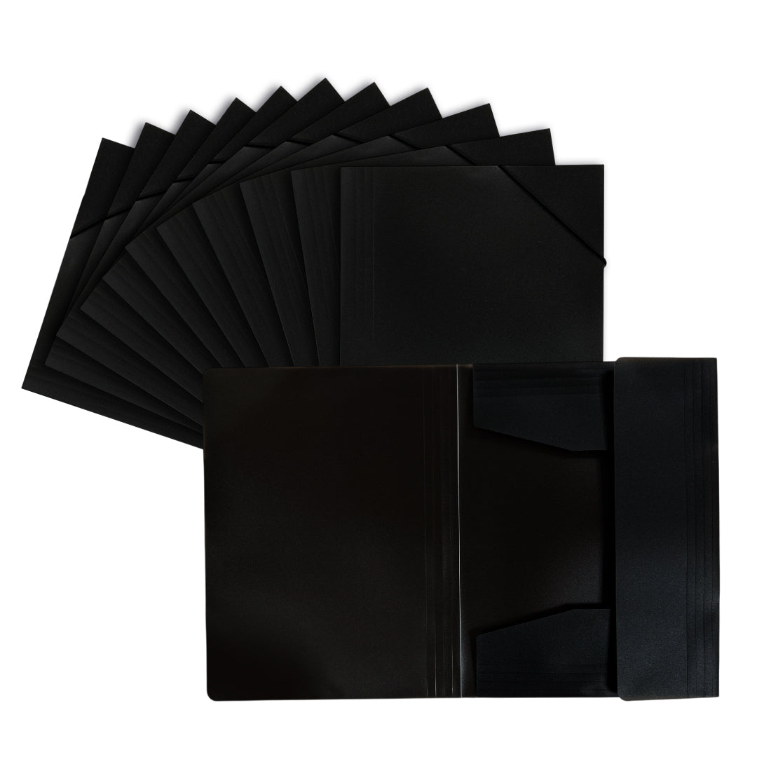 Pack of 12 A4 Clearview Black 3 Flap Folders with Elasticated Closure