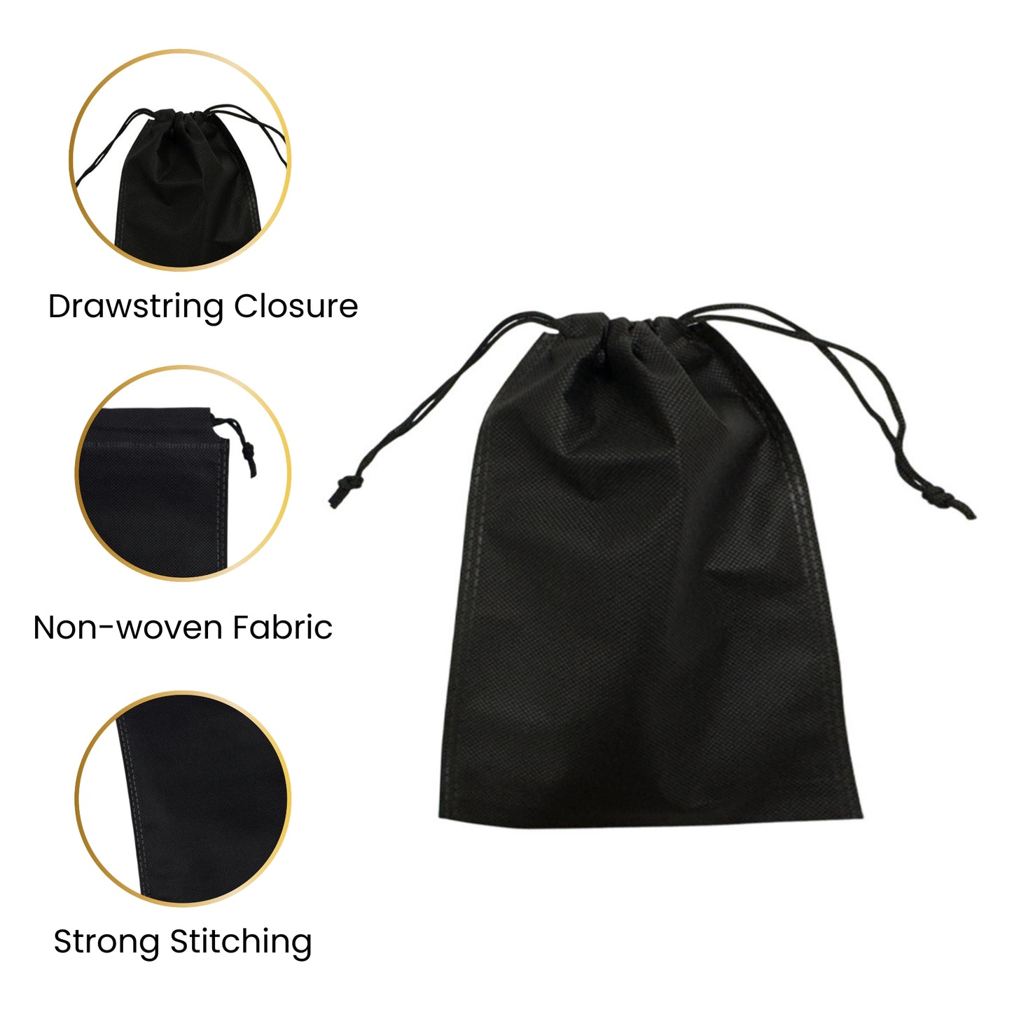 Pack of 100 Black Coloured 12x9cm Non-Woven Drawstring Bags
