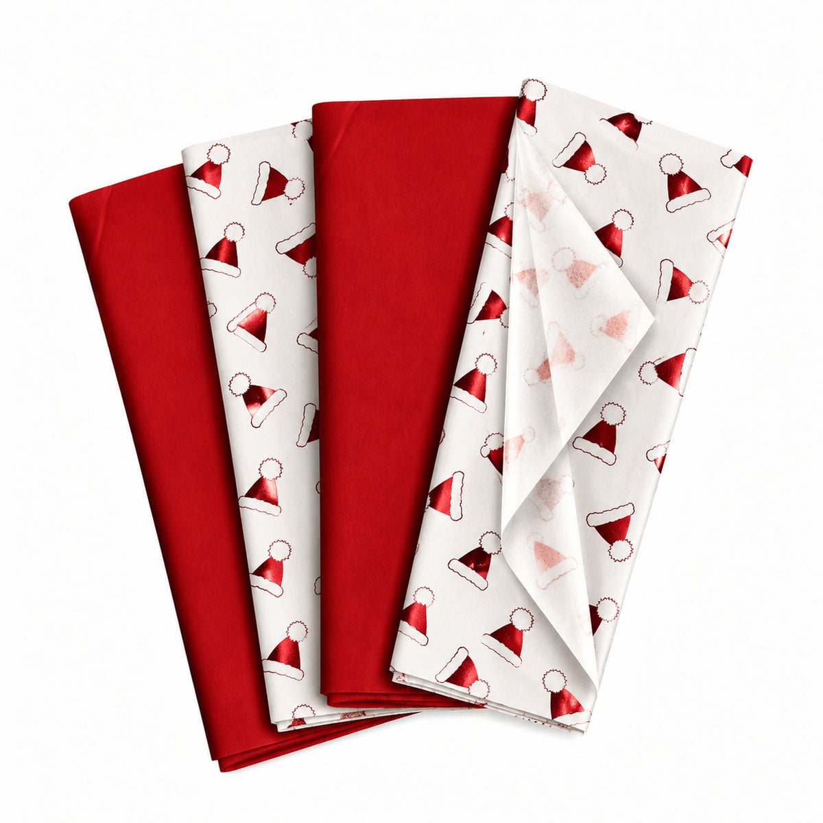 Pack of 8 Christmas Santa Hat Toss Luxury Foil Design & Plain Red 50 x 70 cm Tissue Sheets