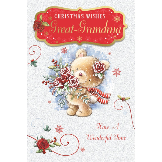 For Great Grandma Teddy With Bunch of Flowers Design Christmas Card