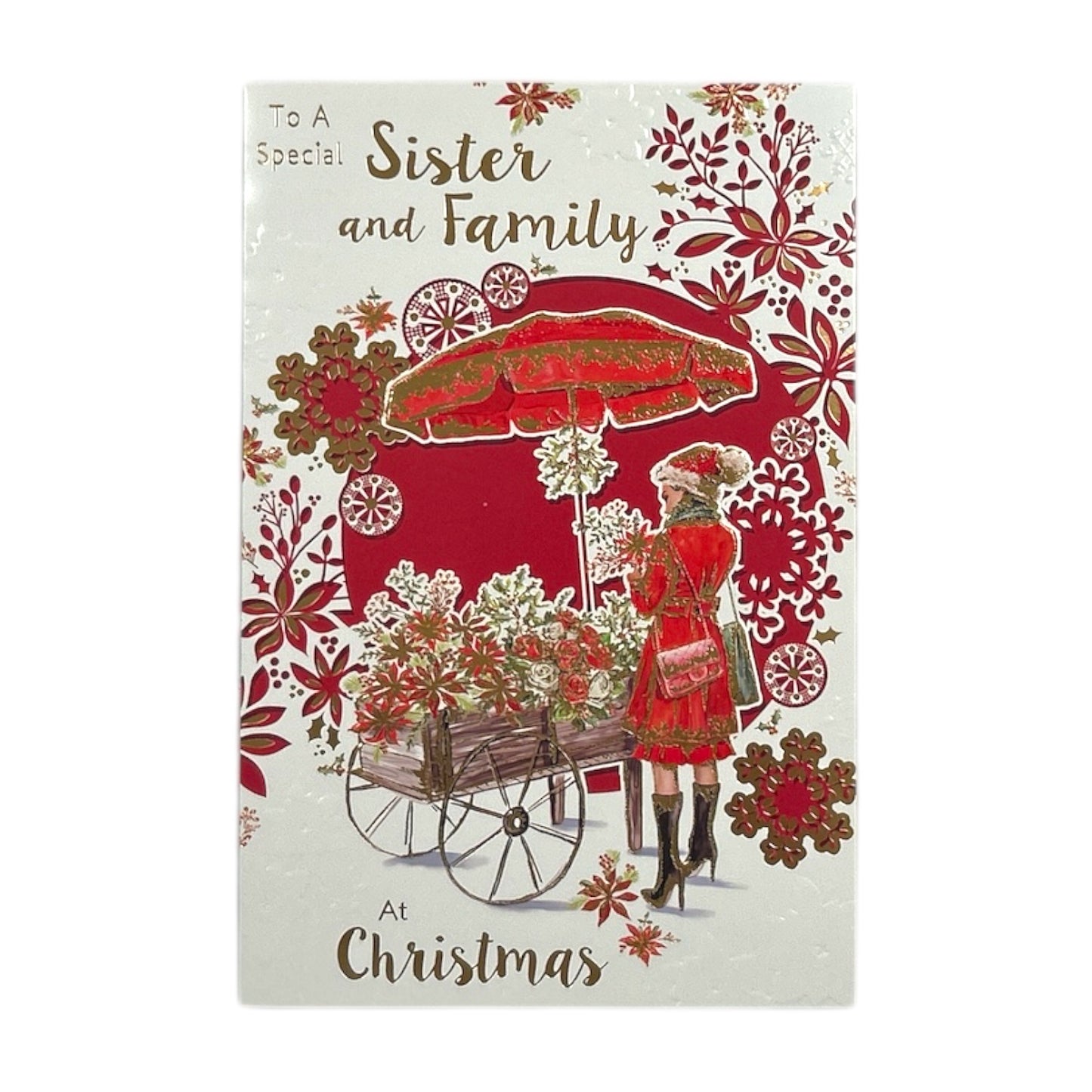 To a Special Sister and Family Flower Cart Design Christmas Card