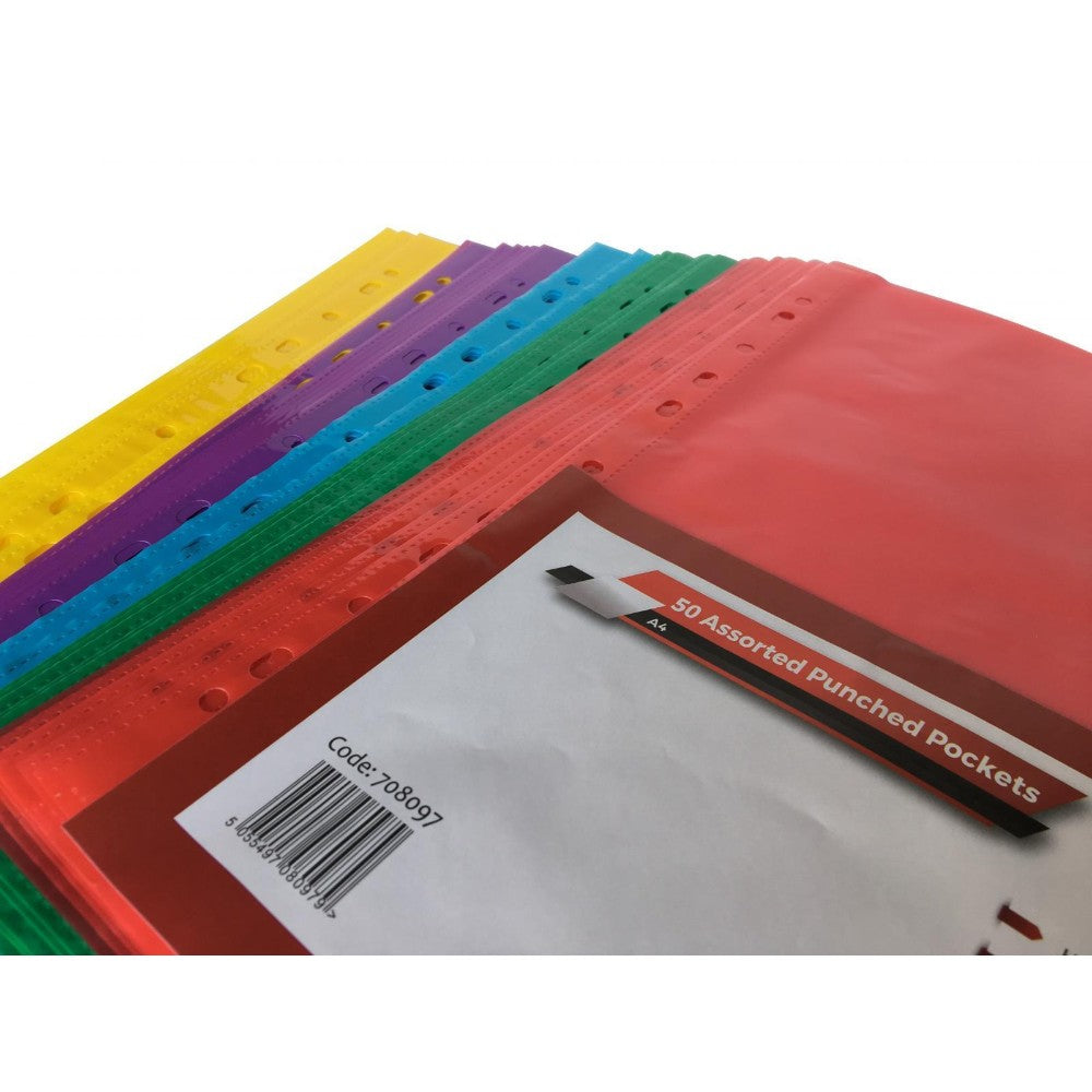 Pack of 50 A4 Assorted Colour Punched Pockets by Janrax