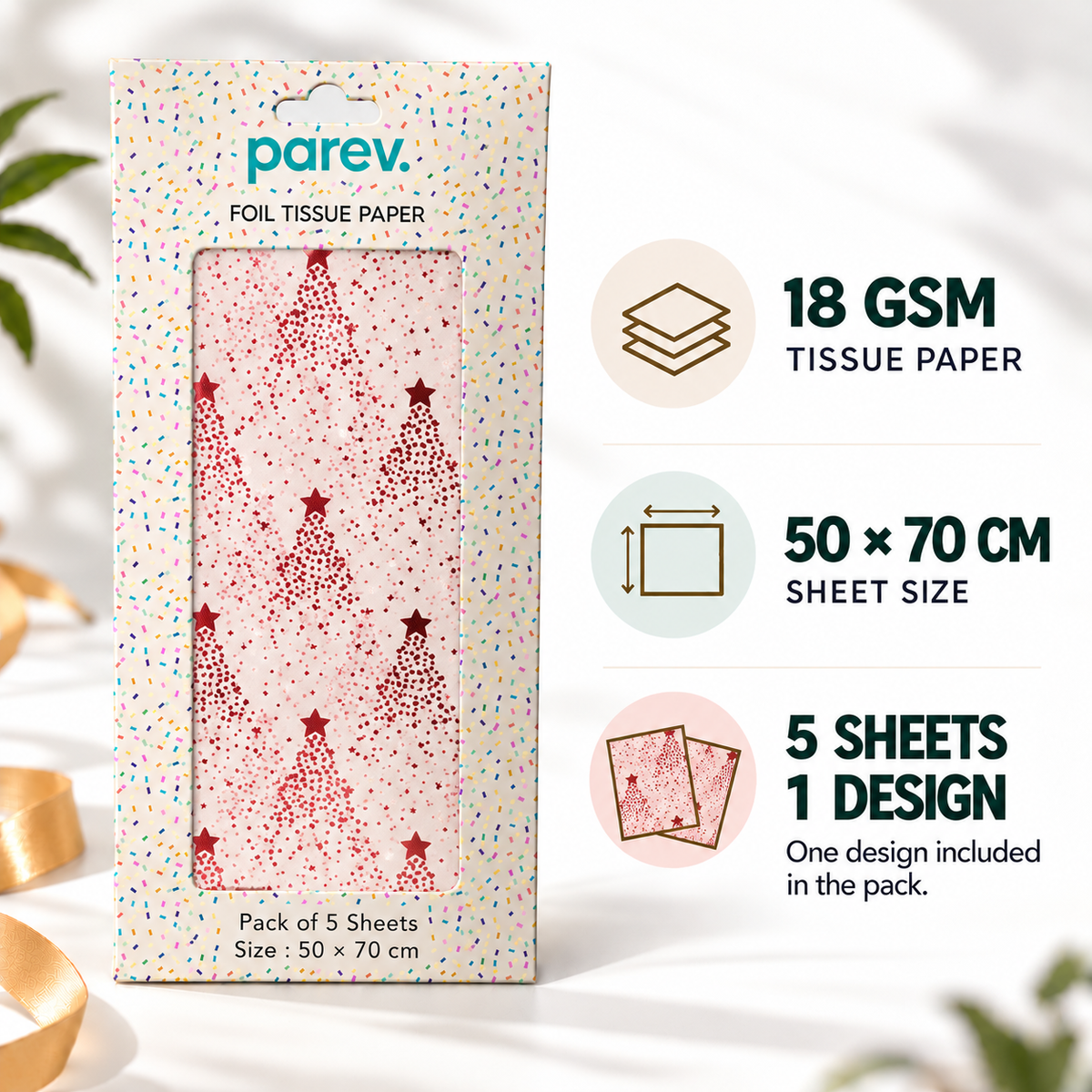 Pack of 5 Dotted Christmas Star Design 50 x 70 cm Luxury Red Foil Tissue Sheets